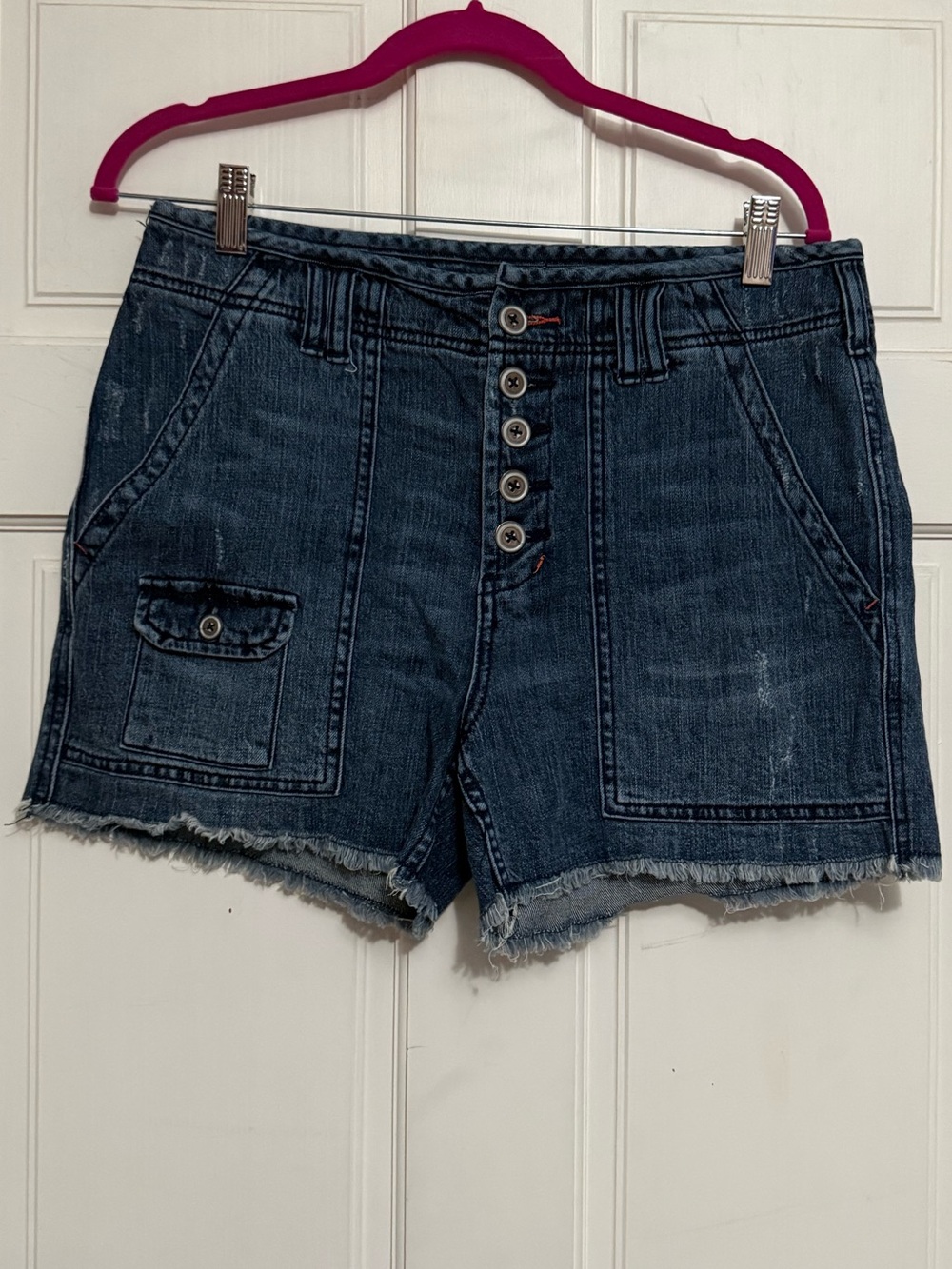 Pilcro Wander Dark Blue Denim Shorts with Button Front and Cute Pockets
